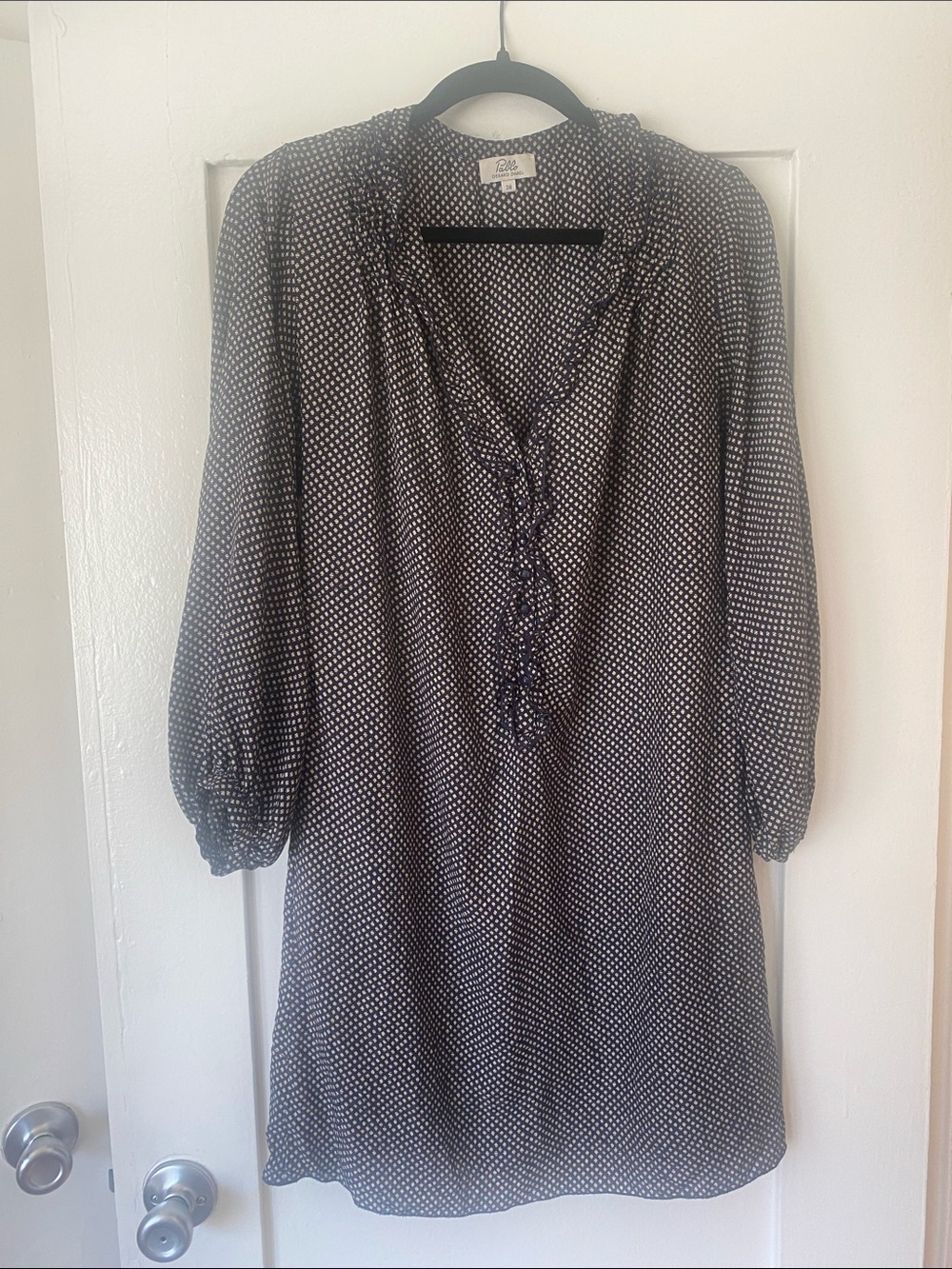 Gerard Darel Silk Vintage Navy and White Polka Dot Long-Sleeve Tunic Dress